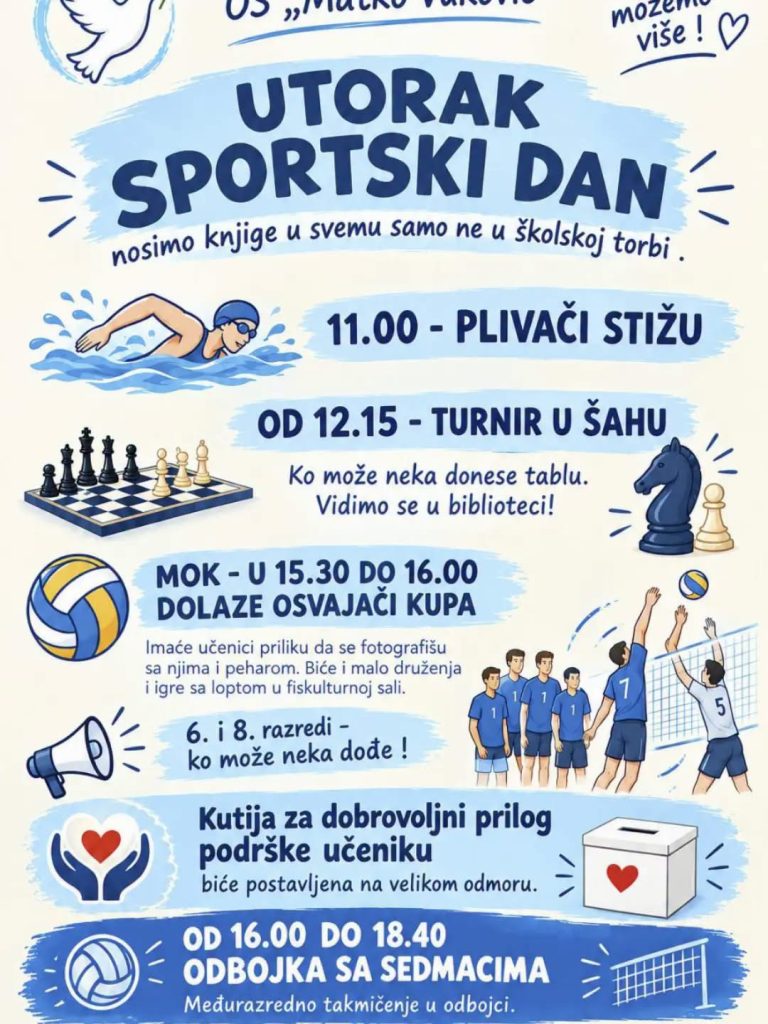 Sportski dan u OŠ „Matko Vuković": Škola u utorak postaje mesto za sport, druženje i igru